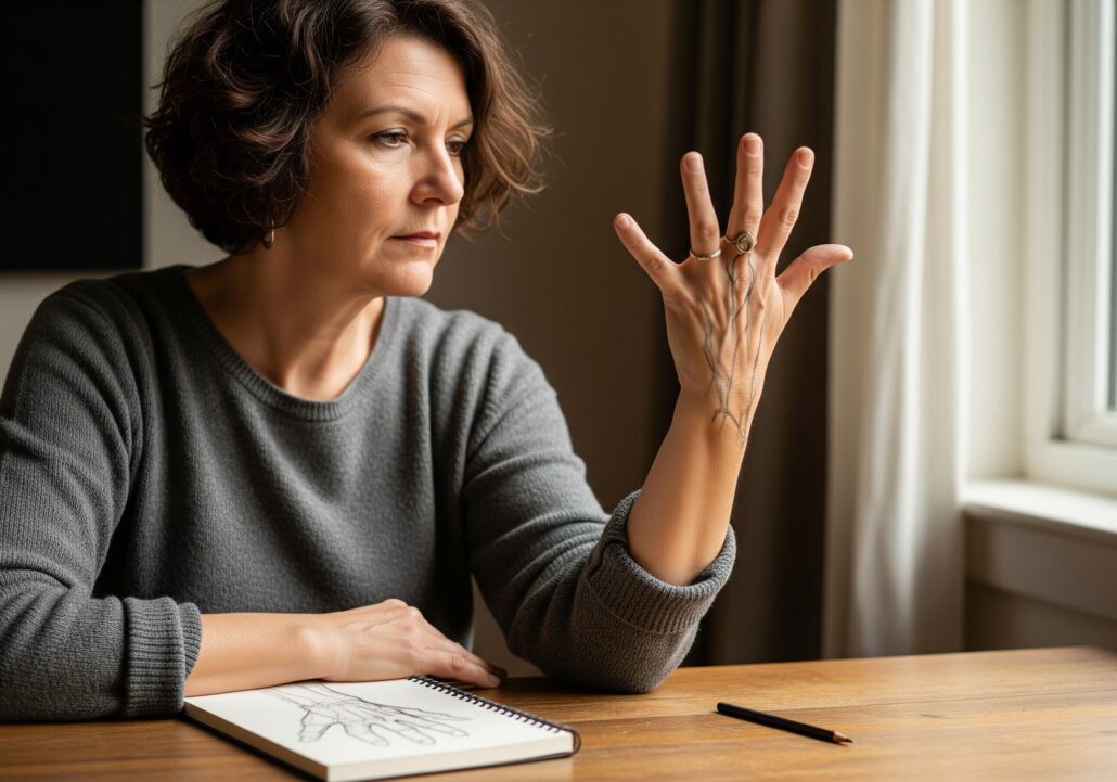 زن در حال نگاه کردن به دست خودش و نقاشی با مداد روی کاغذ